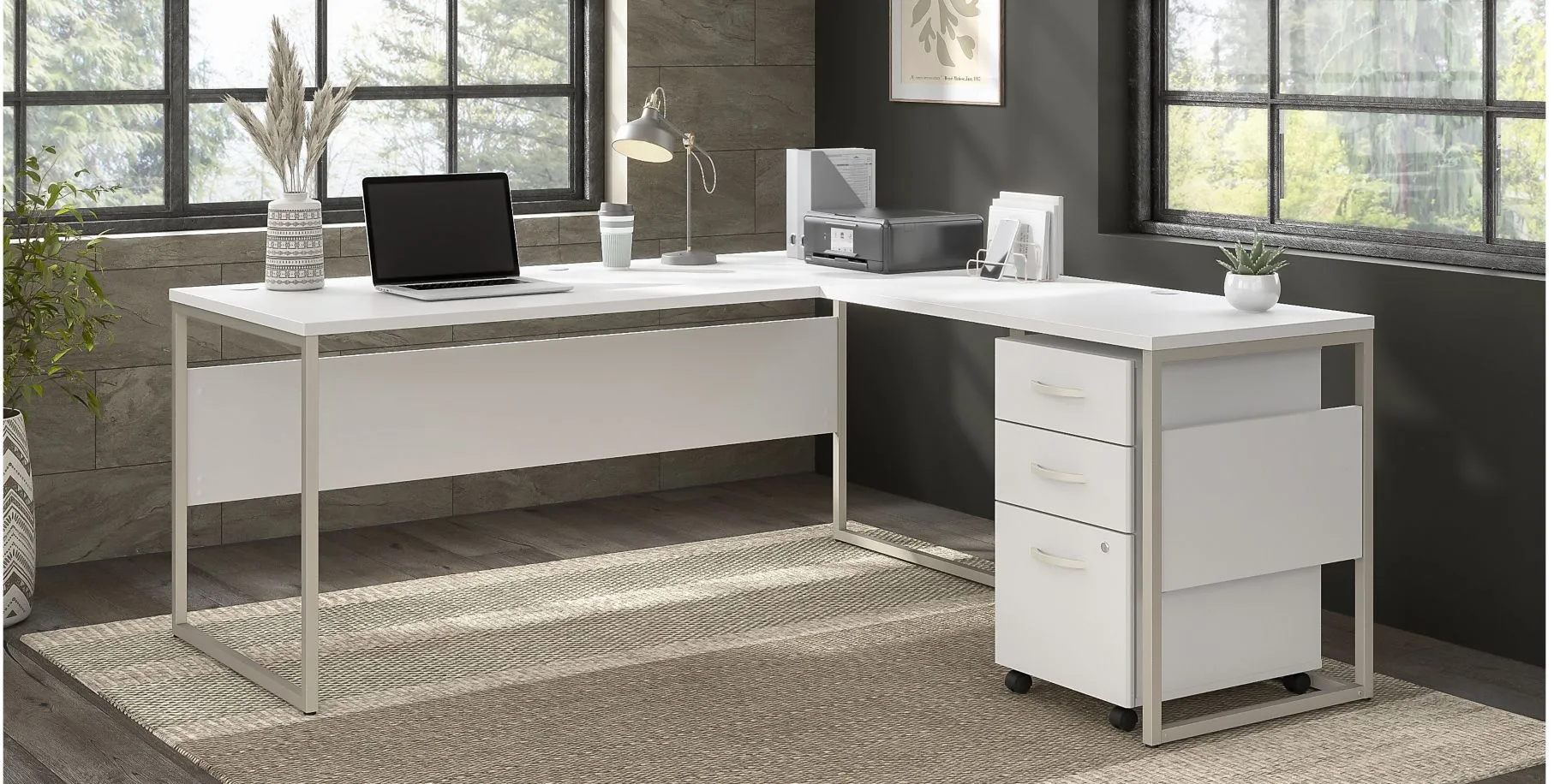 Steinbeck L-Shaped Desk w/ File Cabinet in White by Bush Industries