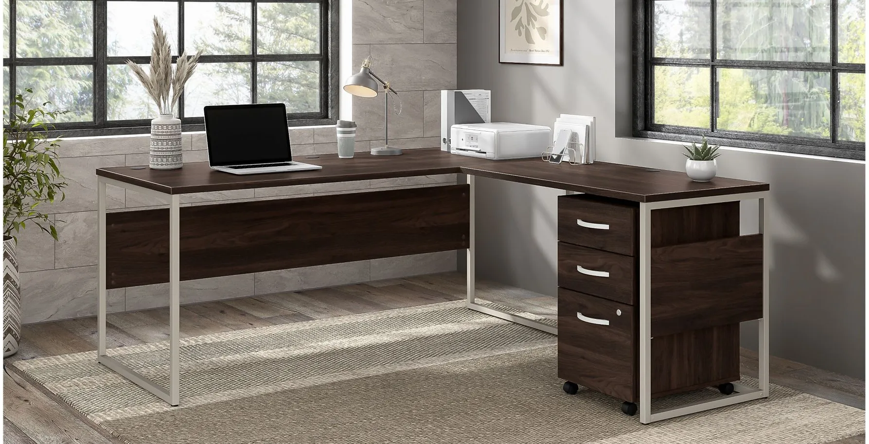 Steinbeck L-Shaped Desk w/ File Cabinet in Modern Hickory by Bush Industries