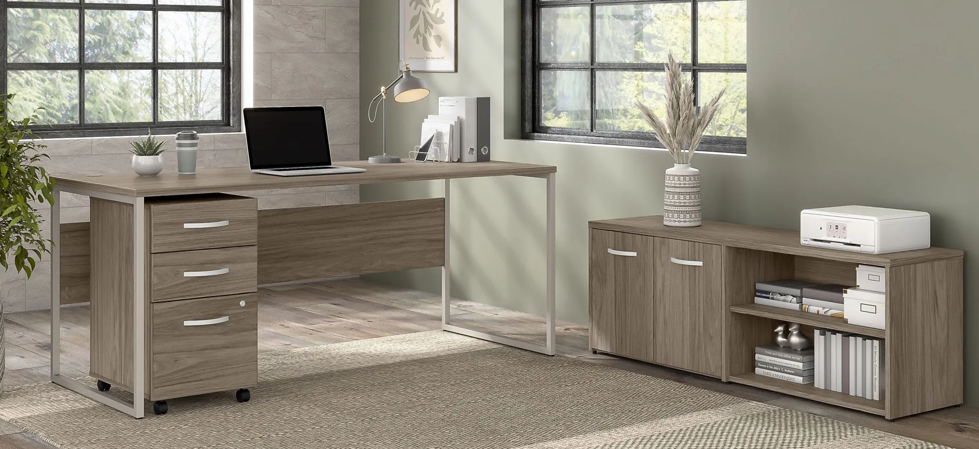 Steinbeck Workstation Desk w/ Credenza and File Cabinet in Modern Hickory by Bush Industries