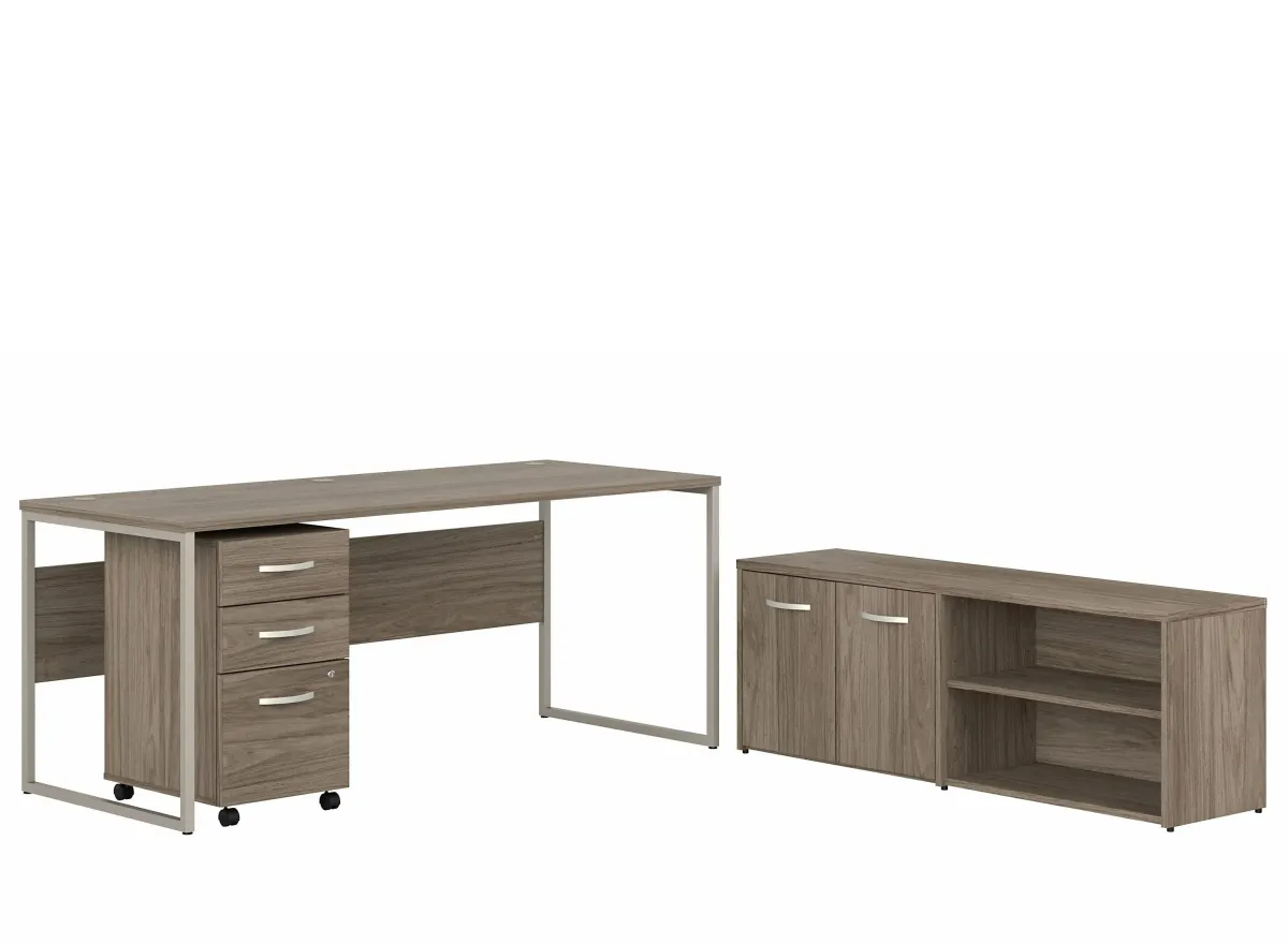 Steinbeck Workstation Desk w/ Credenza and File Cabinet in Modern Hickory by Bush Industries