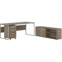 Steinbeck Workstation Desk w/ Credenza and File Cabinet in Modern Hickory by Bush Industries