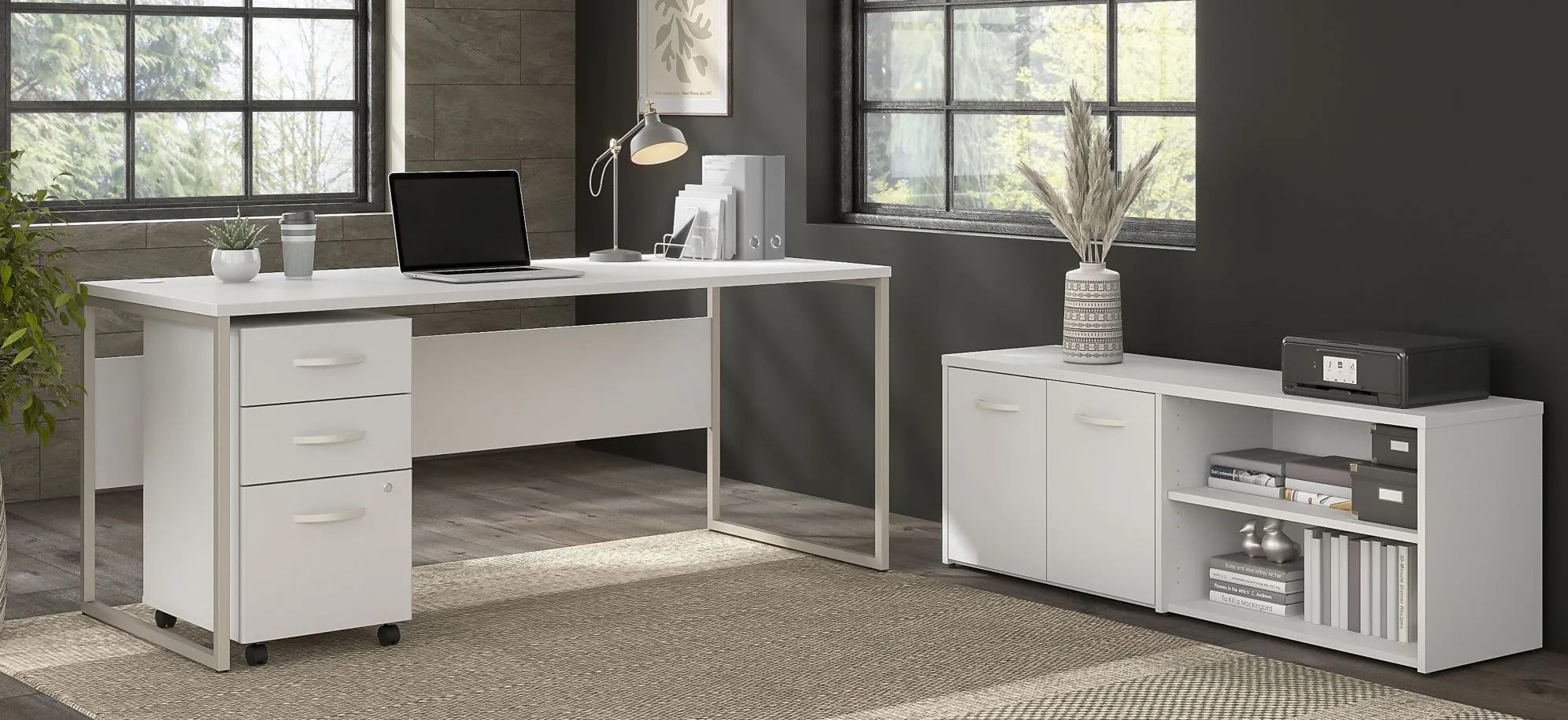 Steinbeck Workstation Desk w/ Credenza and File Cabinet in White by Bush Industries