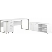Steinbeck Workstation Desk w/ Credenza and File Cabinet in White by Bush Industries