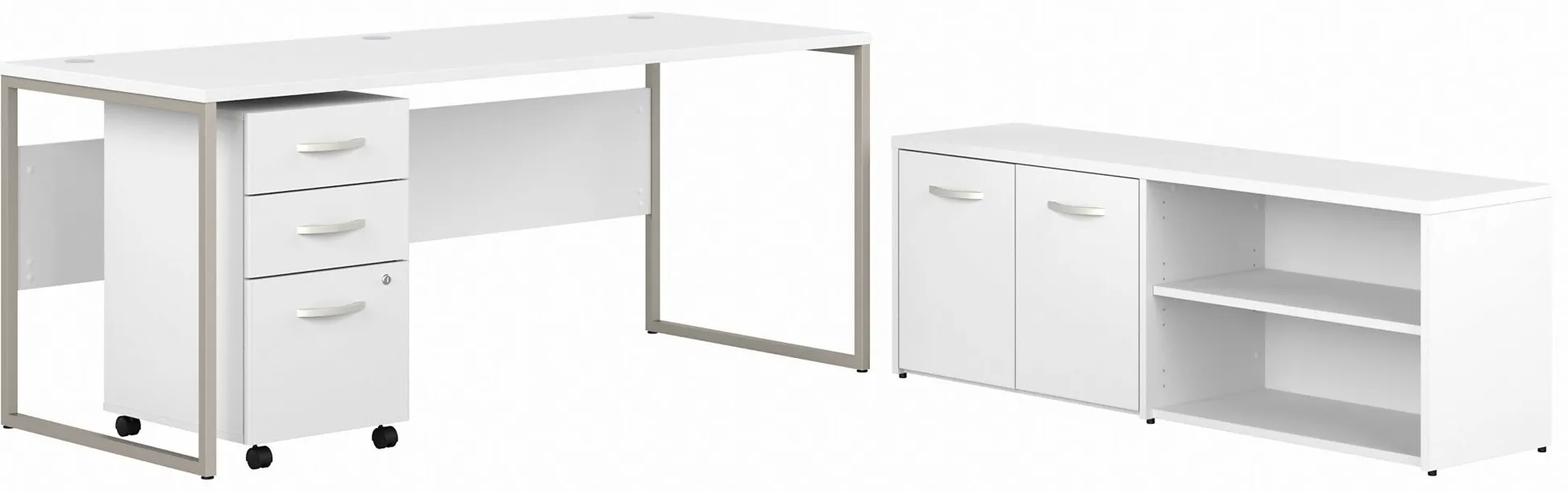 Steinbeck Workstation Desk w/ Credenza and File Cabinet in White by Bush Industries