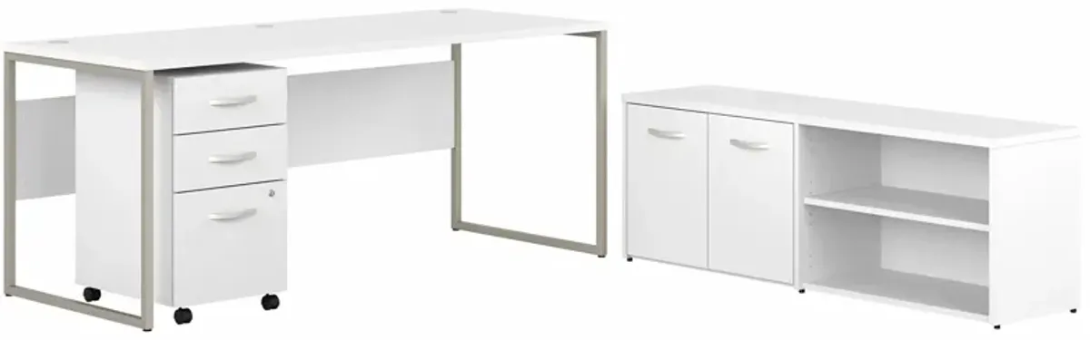 Steinbeck Workstation Desk w/ Credenza and File Cabinet in White by Bush Industries