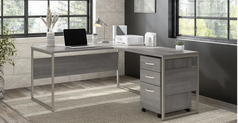 Steinbeck L-Shaped Writing Desk w/ File Cabinet in Platinum Gray by Bush Industries