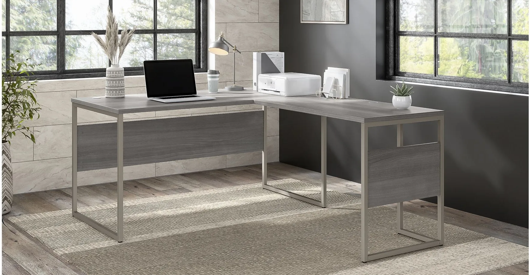 Steinbeck L-Shaped Writing Desk in Platinum Gray by Bush Industries