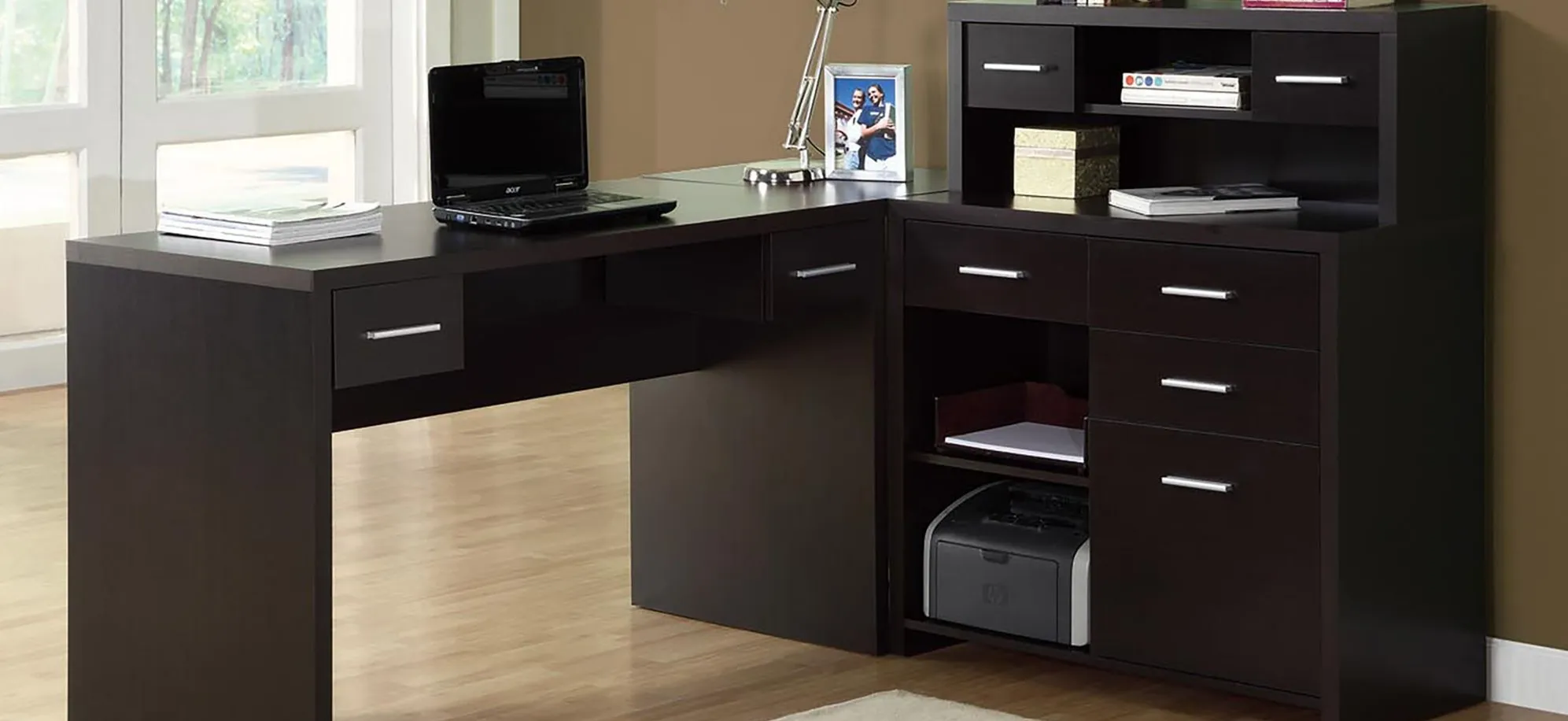 Caressa L-Shaped Computer Desk in Cappuccino by Monarch Specialties