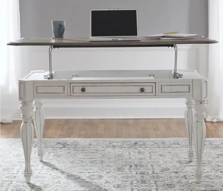 Magnolia Manor Lift Top Writing Desk in Antique White Base w/ Weathered Bark Tops by Liberty Furniture