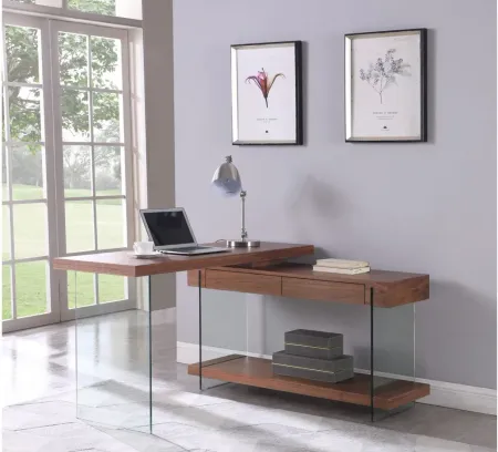 Modern Rotatable Glass Desk in Walnut by Chintaly Imports