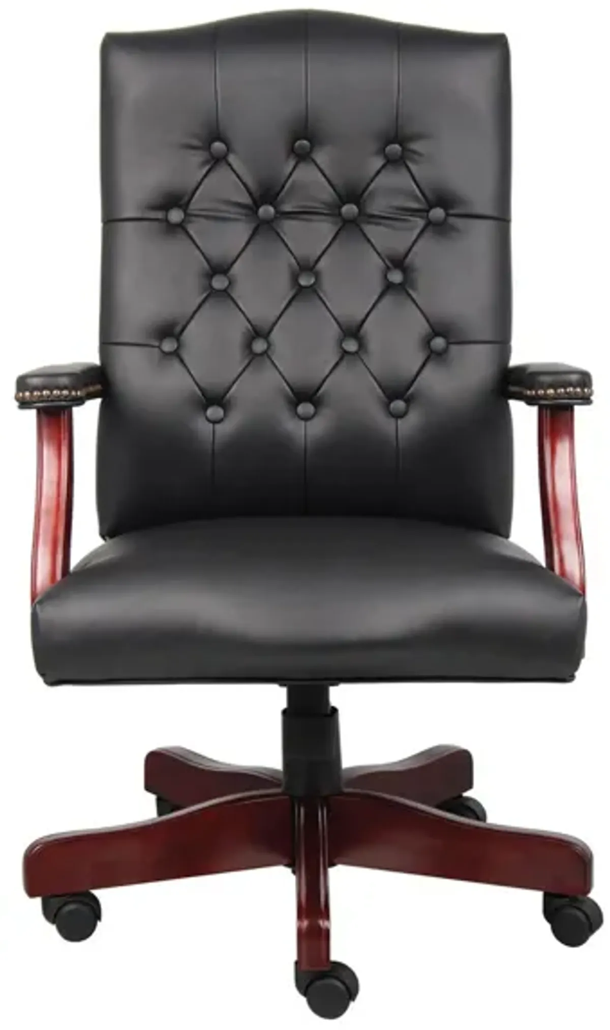 Asimov Executive Swivel Chair in Black Leather Soft Vinyl; Mahogany by Coe Distributors