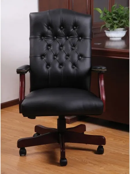 Asimov Executive Swivel Chair in Black Leather Soft Vinyl; Mahogany by Coe Distributors