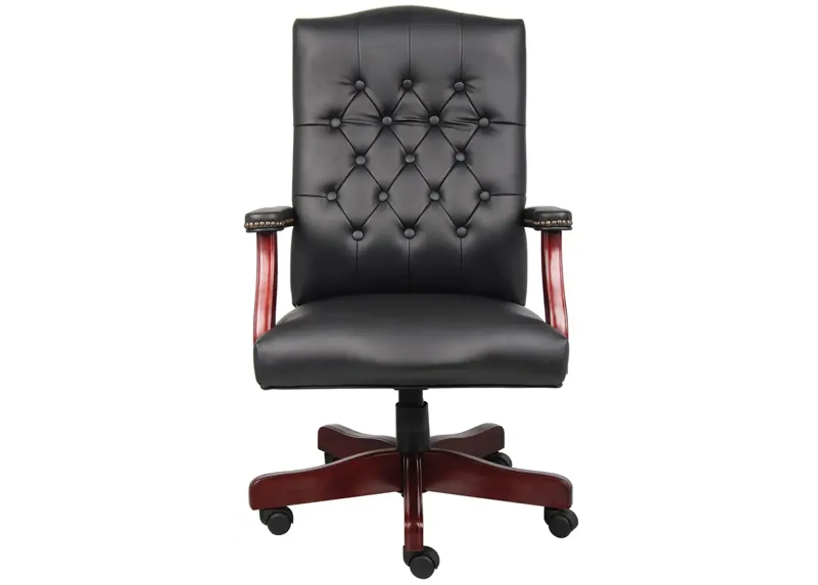 Asimov Executive Swivel Chair in Black Leather Soft Vinyl; Mahogany by Coe Distributors