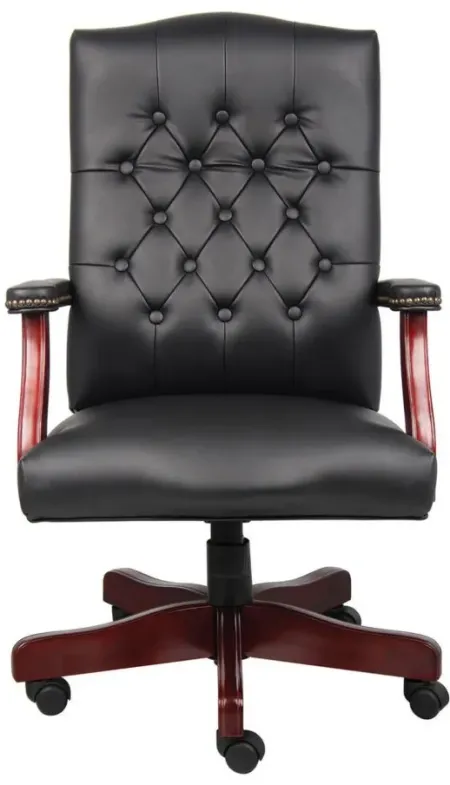 Asimov Executive Swivel Chair in Black Leather Soft Vinyl; Mahogany by Coe Distributors