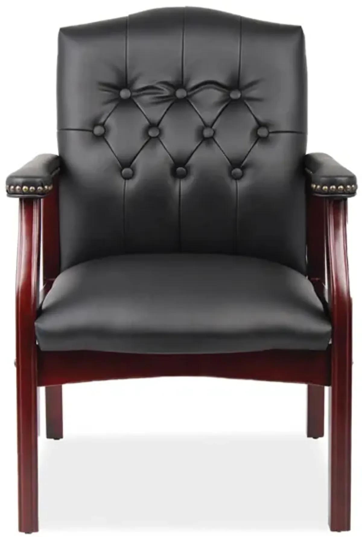 Asimov Guest Chair in Black Leather Soft Vinyl; Mahogany by Coe Distributors