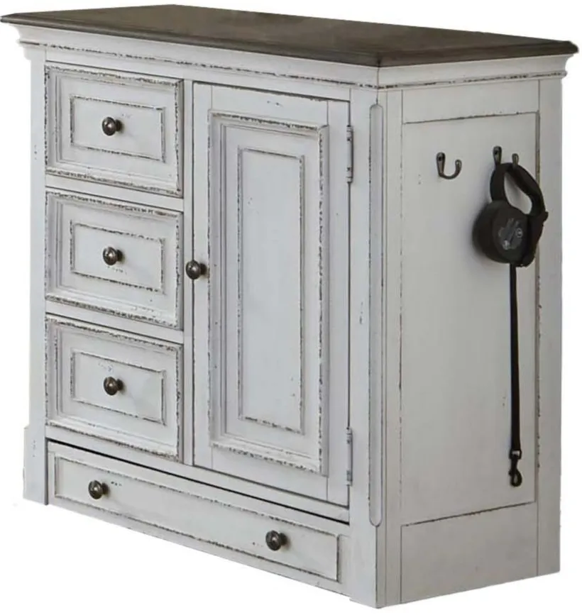 Magnolia Manor Pet Feeder Cabinet in Antique White Base w/ Weathered Bark Tops by Liberty Furniture