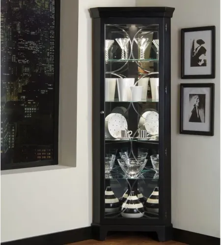 Milligan Lighted 4 Shelf Corner Curio Cabinet in Black by Home Meridian International