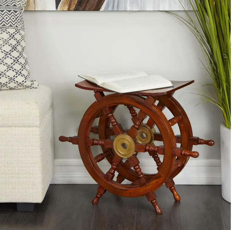 Ivy Collection Shipwheel Accent Table in Brown by UMA Enterprises