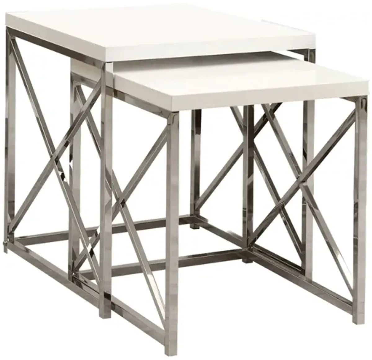 Haan Nesting Tables: Set of 2 in Glossy White / Chrome by Monarch Specialties