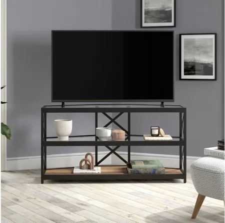 Dion TV Stand with Rustic Oak Shelf in Blackened Bronze/Rustic Oak by Hudson & Canal