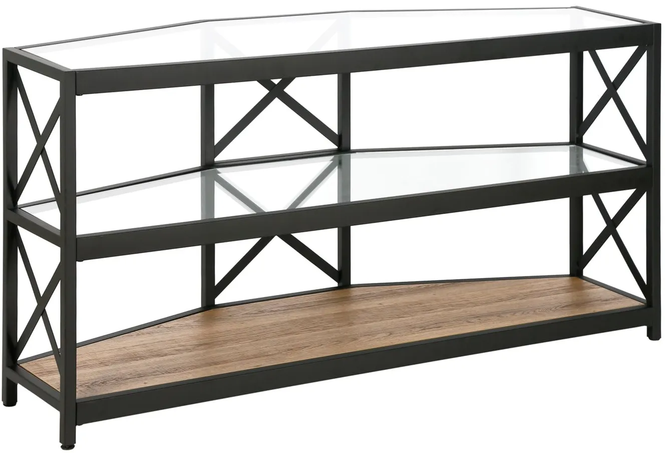Dion TV Stand with Rustic Oak Shelf in Blackened Bronze/Rustic Oak by Hudson & Canal