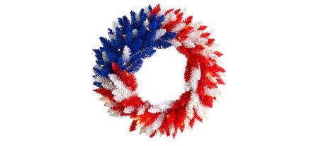 24in. Patriotic Red, White and Blue Americana Wreath with 35 Warm LED Lights in Multicolor by Bellanest