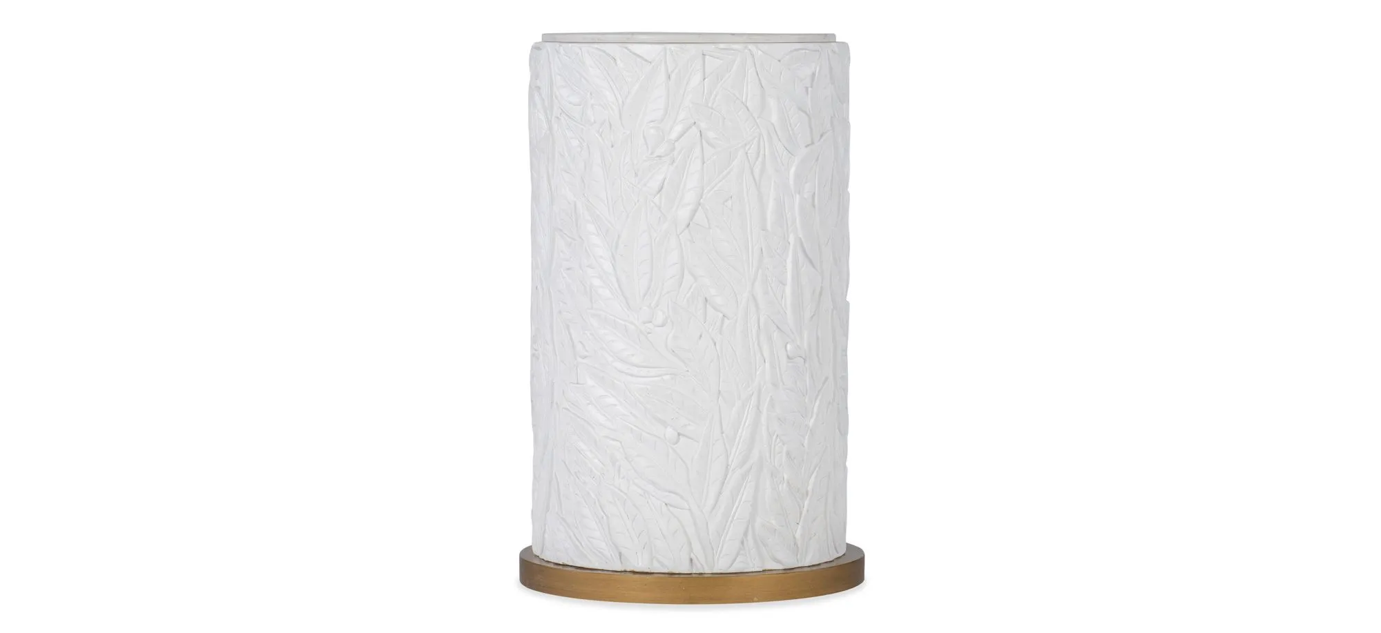 Melange Be-Leaf In Me Accent Table in White quartz top with white leaf motif and brushed gold base by Hooker Furniture