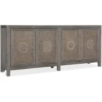 Melange Emmett Entertainment Console in Natural gray wood finish with metallic floral medallion and brown cane inserts by Hooker Furniture