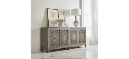 Melange Emmett Entertainment Console in Natural gray wood finish with metallic floral medallion and brown cane inserts by Hooker Furniture
