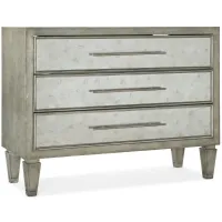 Melange Tercia Three-Drawer Chest in Silver leaf case with eglomise glass drawer fronts and silver thin bar pulls by Hooker Furniture