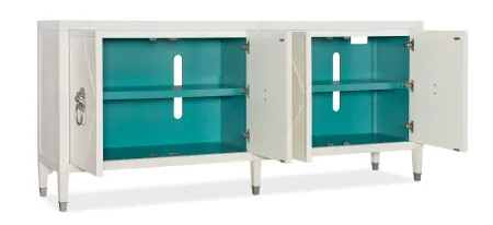 Melange Leo Four Door Credenza in White finish with Tiffany Blue finished interior by Hooker Furniture