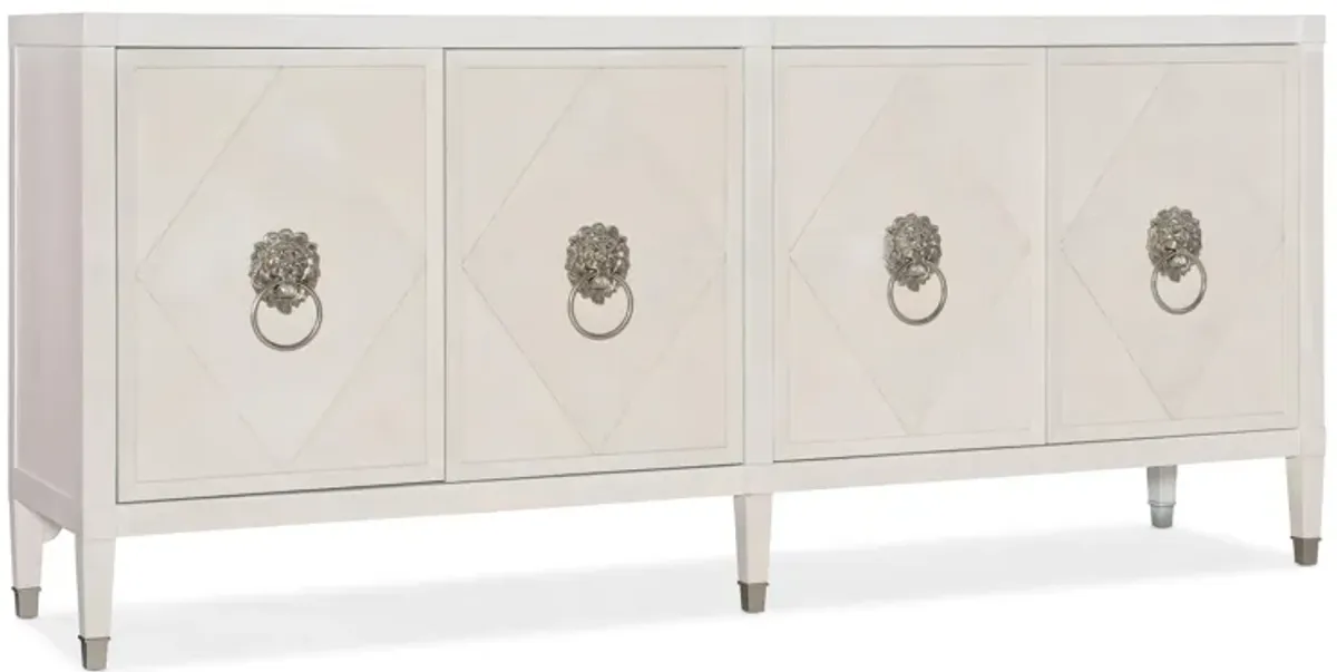 Melange Leo Four Door Credenza in White finish with Tiffany Blue finished interior by Hooker Furniture