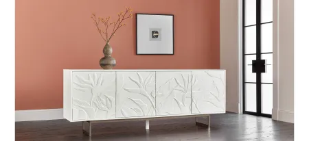 Melange Passerine Four Door Credenza in White finish with gold metal base by Hooker Furniture