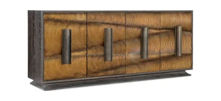Melange Swaley Four Door Credenza in Dark wood finish on top and sides. Gold swirl motif on doors. Bronze curved rectangle hardware. by Hooker Furniture