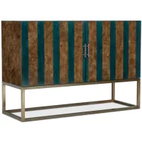Melange Devynn Two Door Chest in Medium wood finish with blue stripes. Gold bar pull hardware and metal base. by Hooker Furniture