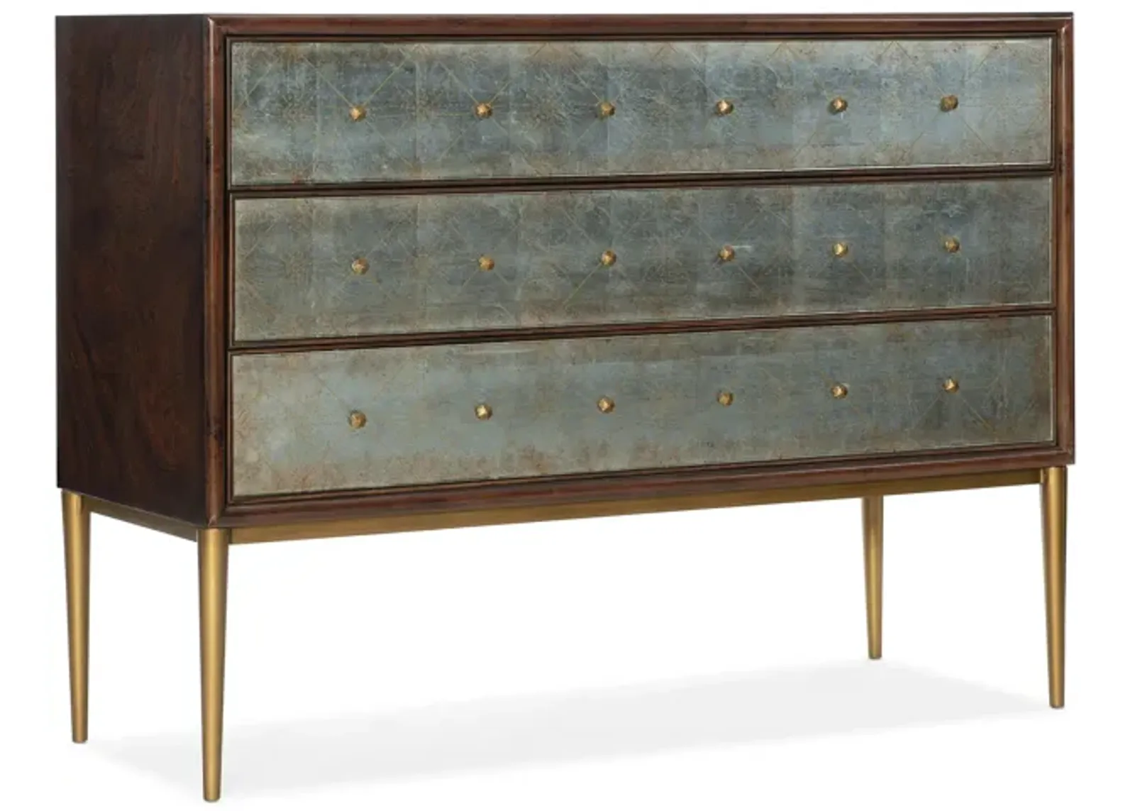 Melange Estrella Three Drawer Chest in Dark wood finish with silver eglomise glass front drawers and gold legs by Hooker Furniture