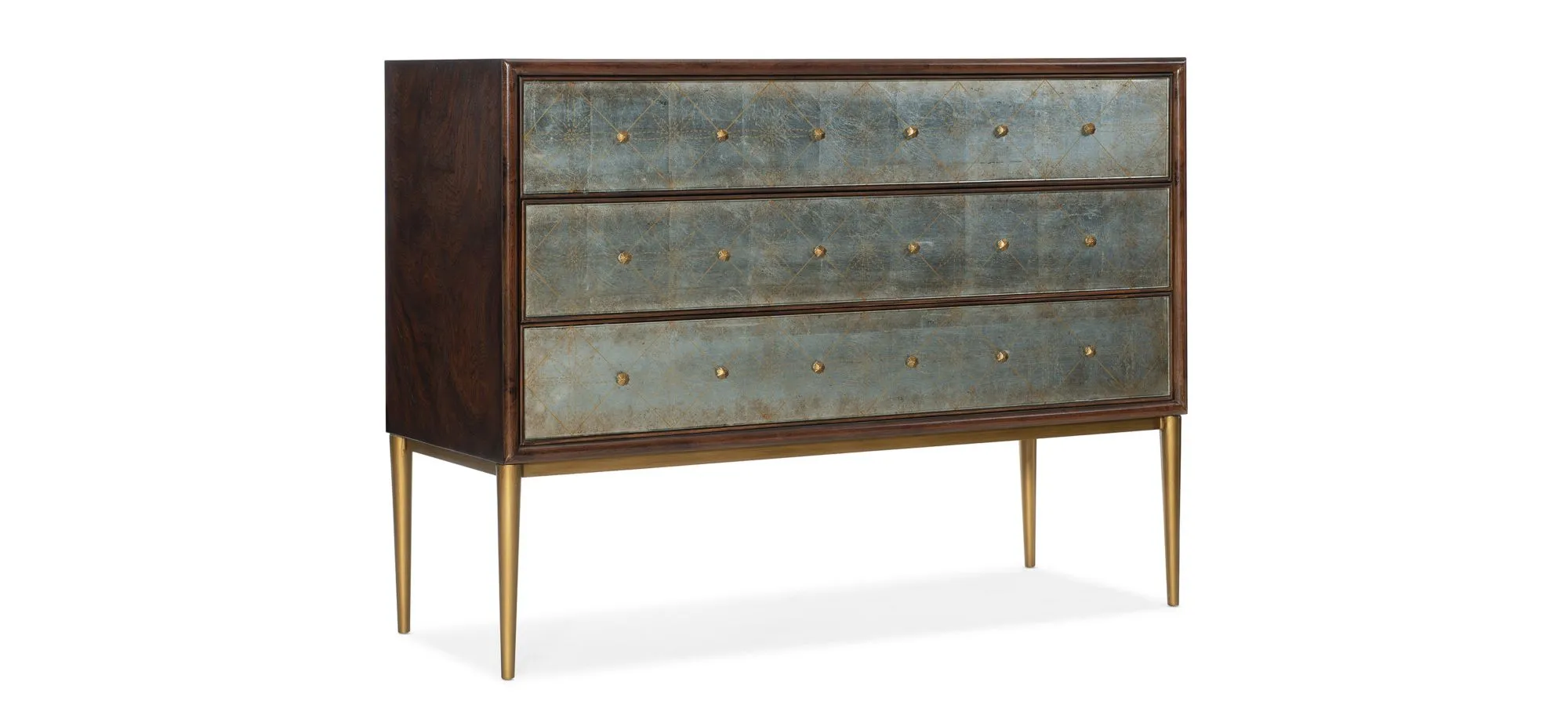 Melange Estrella Three Drawer Chest in Dark wood finish with silver eglomise glass front drawers and gold legs by Hooker Furniture