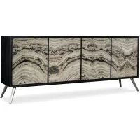 Melange Rockee Four Door Credenza in Black finish with reverse painted glass front doors and silver metal legs by Hooker Furniture