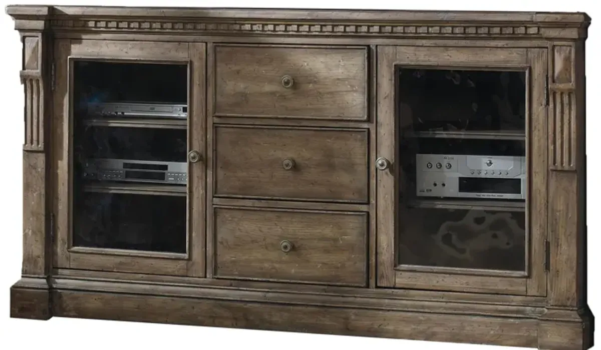 Sorella Entertainment 70'' Console in Taupe-colored antique finish with a light washed white undertone by Hooker Furniture