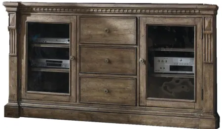 Sorella Entertainment 70'' Console in Taupe-colored antique finish with a light washed white undertone by Hooker Furniture