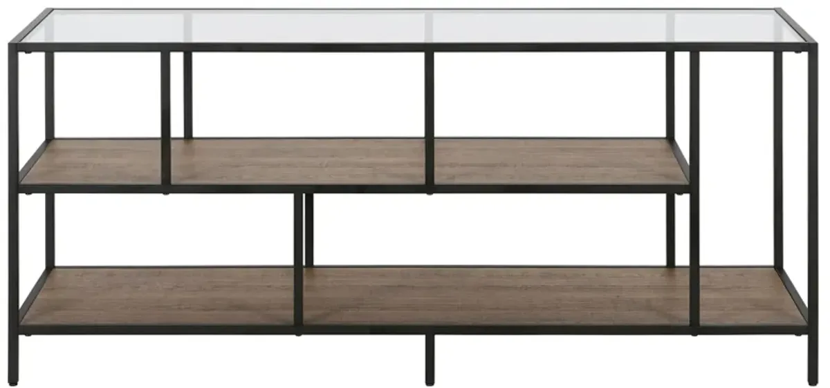 Zinnia 55" TV Stand with Glass Top and Rustic Oak Shelves in Blackened Bronze/Rustic Oak by Hudson & Canal