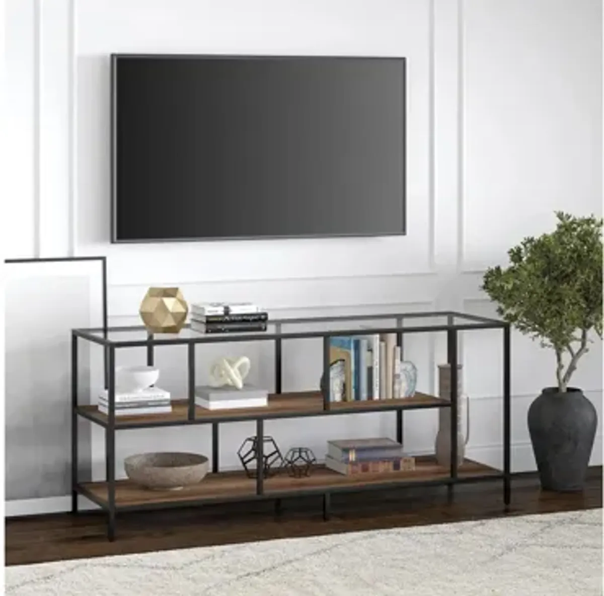 Zinnia 55" TV Stand with Glass Top and Rustic Oak Shelves