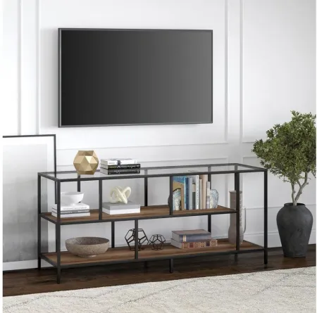 Zinnia 55" TV Stand with Glass Top and Rustic Oak Shelves in Blackened Bronze/Rustic Oak by Hudson & Canal