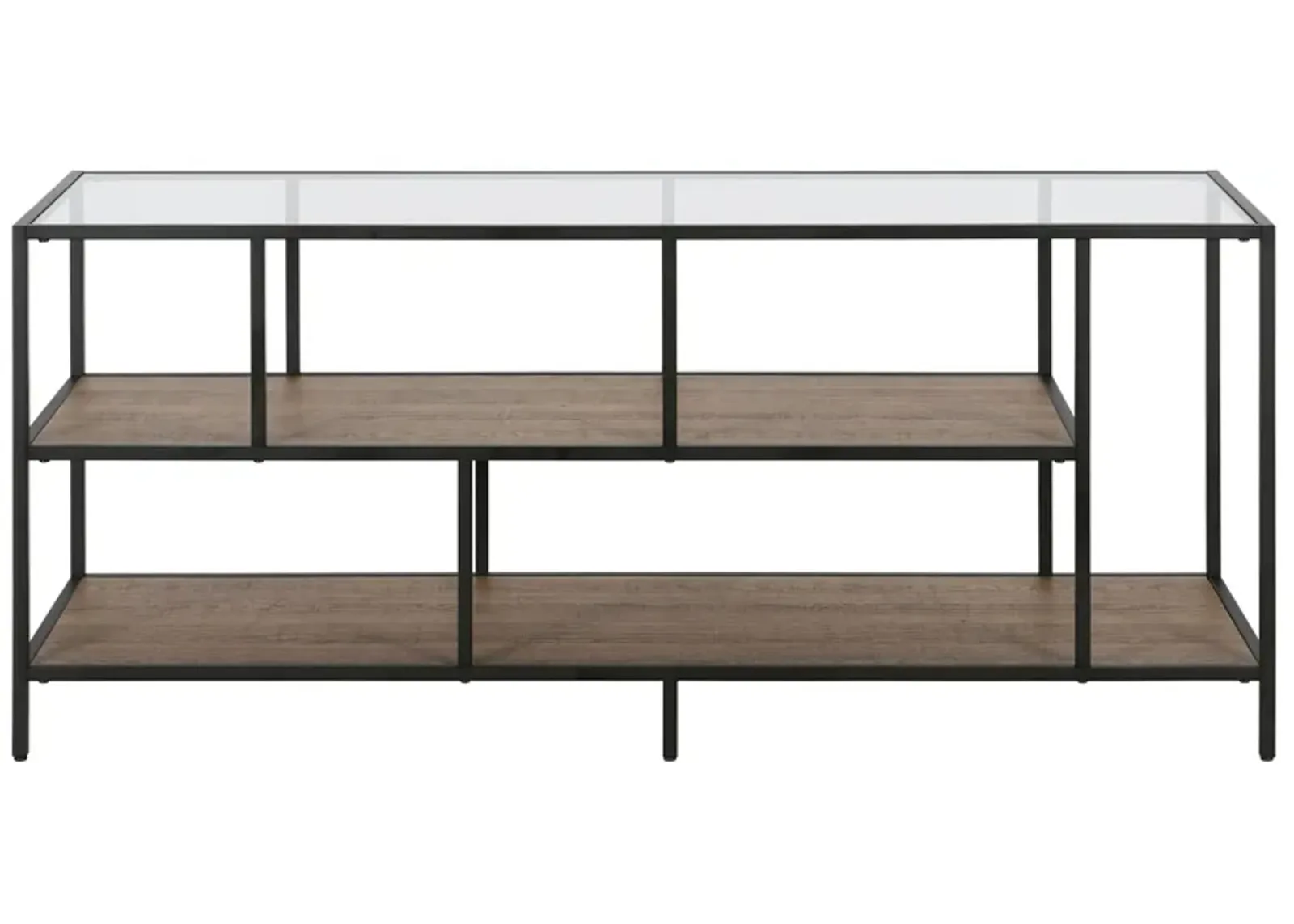 Zinnia 55" TV Stand with Glass Top and Rustic Oak Shelves in Blackened Bronze/Rustic Oak by Hudson & Canal