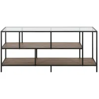 Zinnia 55" TV Stand with Glass Top and Rustic Oak Shelves in Blackened Bronze/Rustic Oak by Hudson & Canal