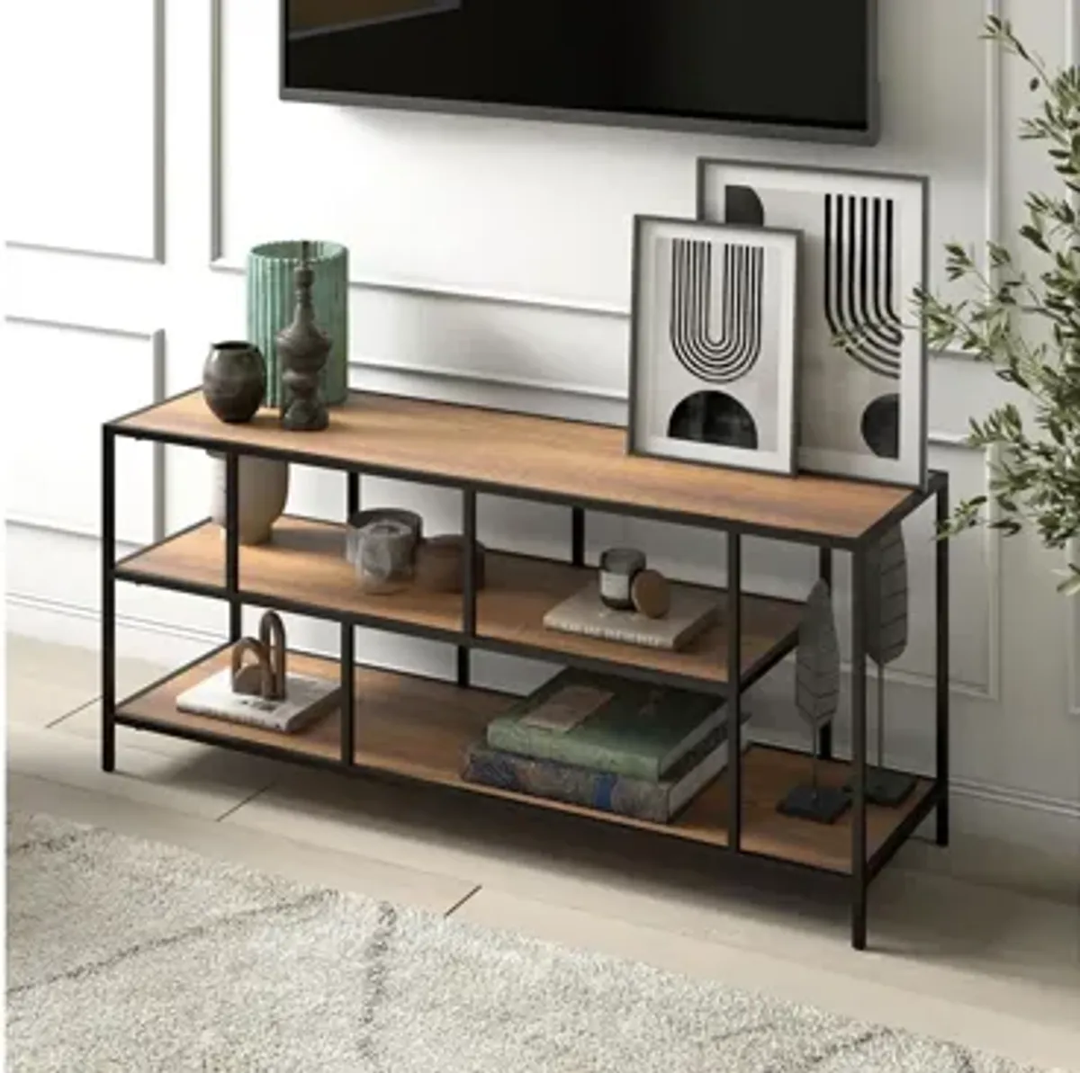 Zinnia 55" TV Stand with Rustic Oak Shelves