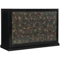 Melange Mikkeli Three Drawer Chest in Black finish with decorative drawer fronts with mottled brown, black and golden highlights by Hooker Furniture