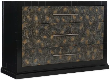 Melange Mikkeli Three Drawer Chest in Black finish with decorative drawer fronts with mottled brown, black and golden highlights by Hooker Furniture