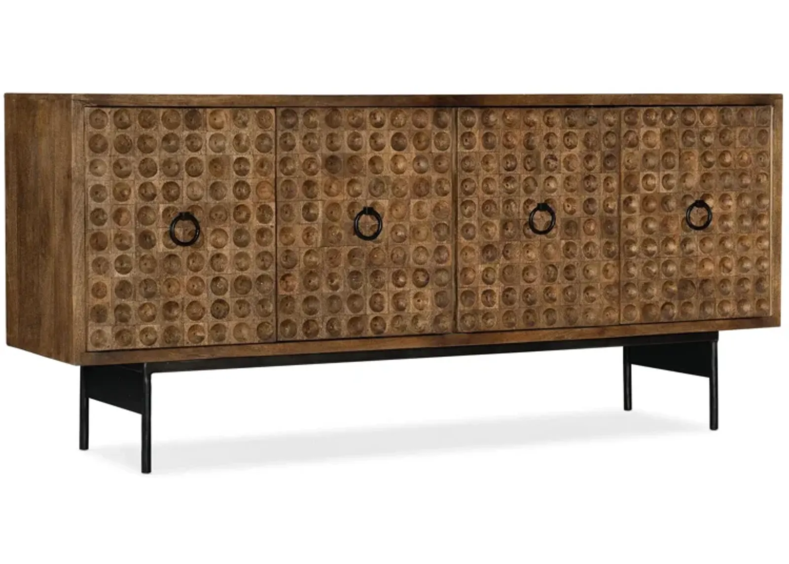 Melange Swanston Credenza in Natural medium wood finish with black metal circular hardware pulls and black metal base by Hooker Furniture