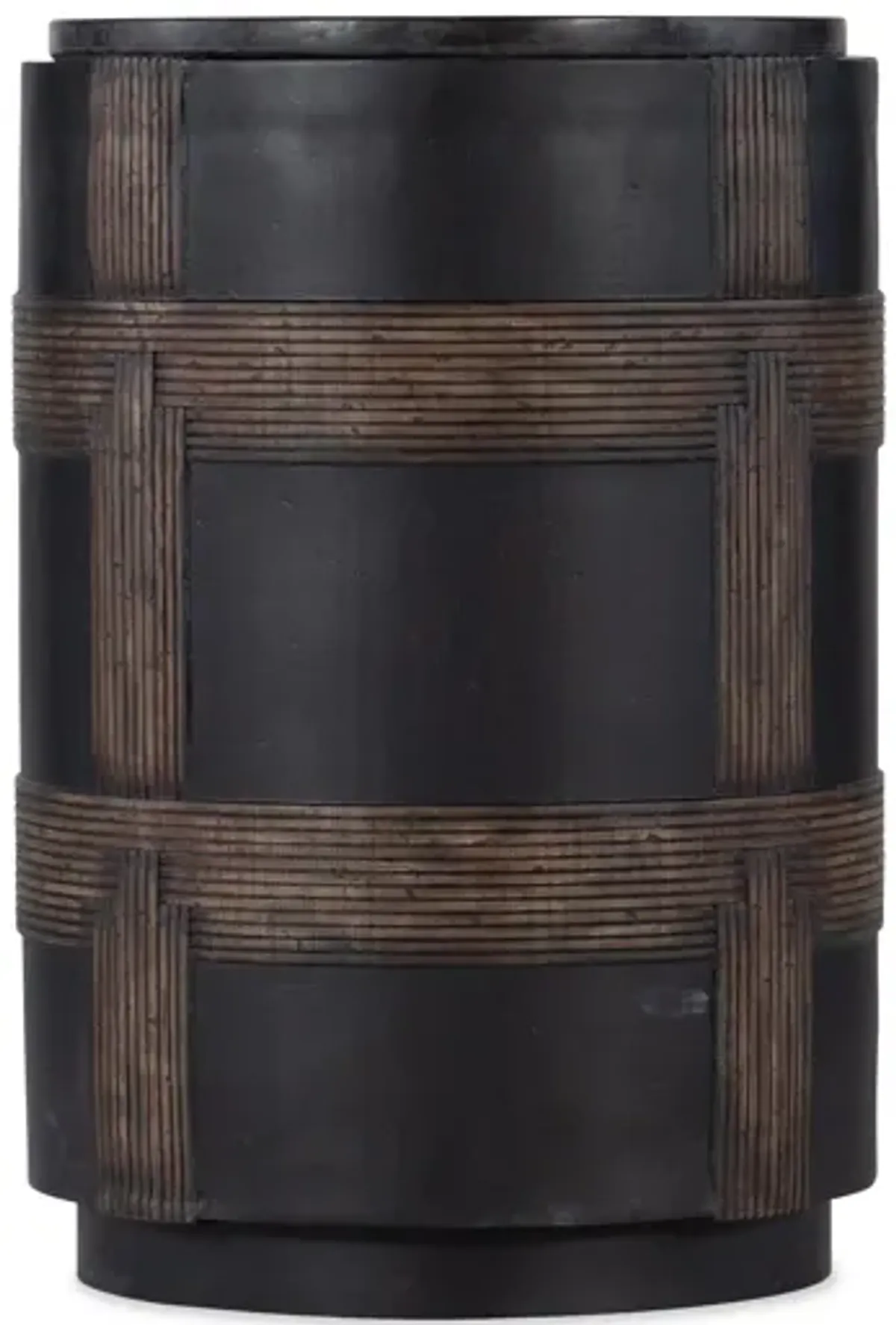 Melange Burbank Round Accent Table in Dark brown with lighter brown weave motif and black marble top by Hooker Furniture